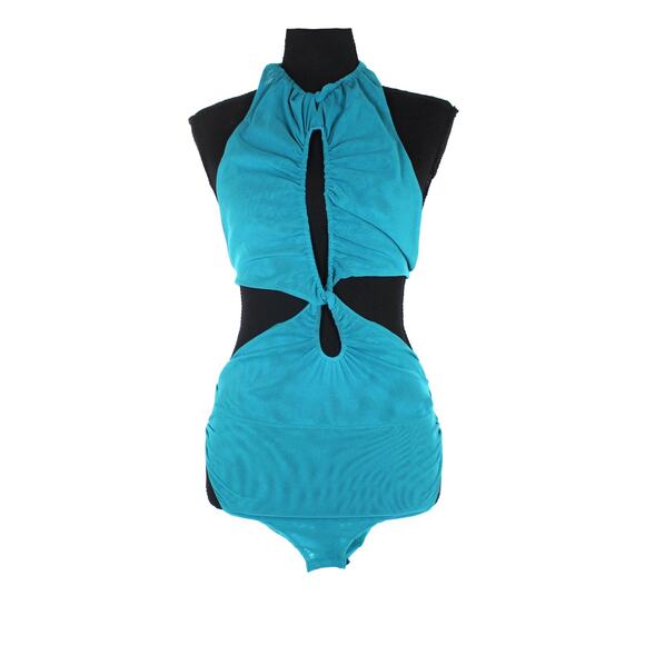 Supriya Lele Turquoise Mesh Halter Cut Out Bodysuit Medium NEW Blue Backless Top - Picture 2 of 8